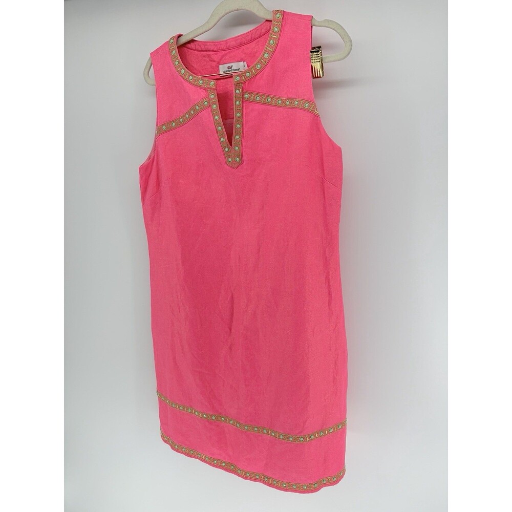 Vineyard Vines Pink Linen Sleeveless Mini Dress Gold Trim Resort Beach Sz 4